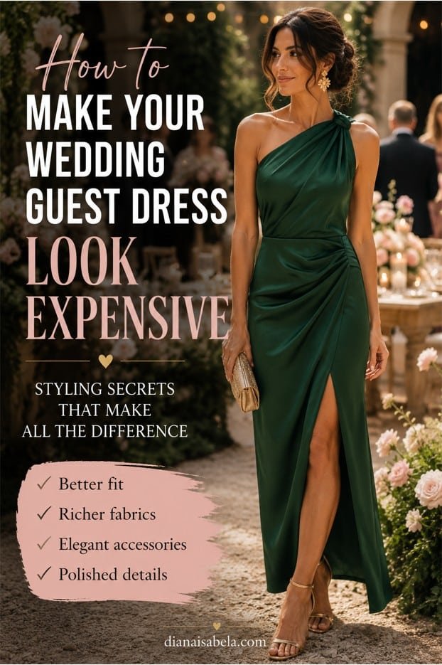 Pinterest style wedding guest dress guide showing an emerald dress, elegant accessories, polished fit tips, and styling ideas for a more expensive-looking outfit
