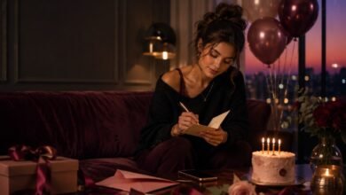 A stylish young woman writing a birthday card in a moody elegant room with candles, balloons, gifts, and a birthday cake.