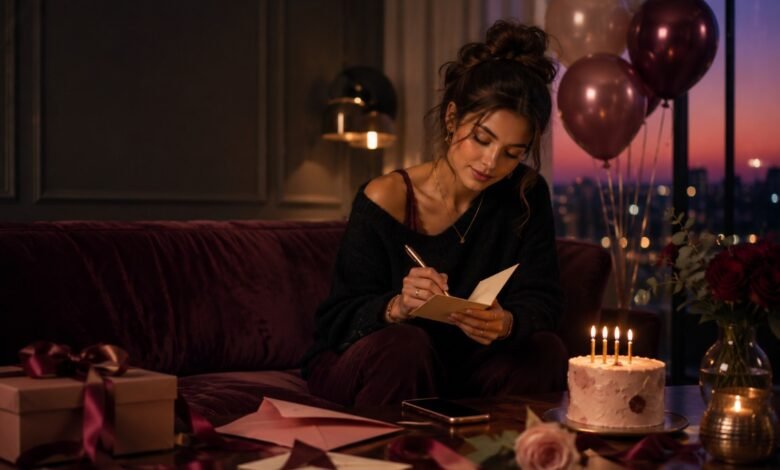 A stylish young woman writing a birthday card in a moody elegant room with candles, balloons, gifts, and a birthday cake.