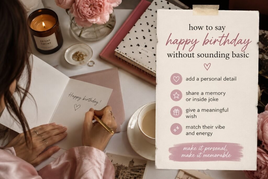 How to Say Happy Birthday Without Sounding Basic 2 A cozy flat lay with a young woman writing a birthday card and a stylish tip sheet about how to say happy birthday without sounding basic.