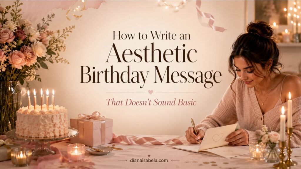Wide birthday writing banner with title text about how to write an aesthetic birthday message