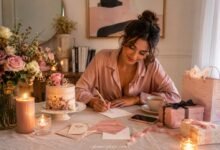 Stylish woman writing an aesthetic birthday message at a cozy birthday table with cake, candles, flowers, and gift boxes