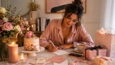 Stylish woman writing an aesthetic birthday message at a cozy birthday table with cake, candles, flowers, and gift boxes