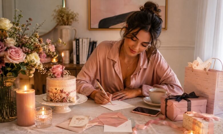 Stylish woman writing an aesthetic birthday message at a cozy birthday table with cake, candles, flowers, and gift boxes