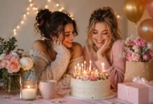 Stylish friends celebrating a birthday together with cake, candles, flowers, and warm friendship mood