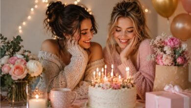 Stylish friends celebrating a birthday together with cake, candles, flowers, and warm friendship mood