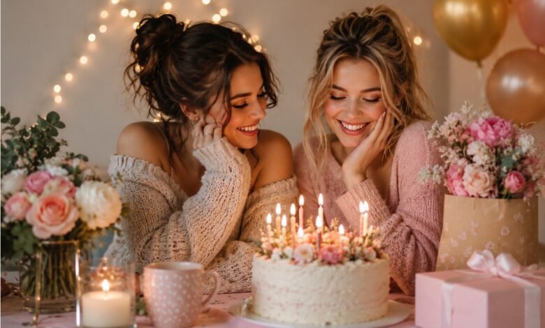 Stylish friends celebrating a birthday together with cake, candles, flowers, and warm friendship mood
