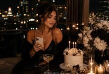 Luxury fashion magazine style birthday post cover with glamorous woman checking phone, cake, candles, flowers, city lights, and rooftop party mood