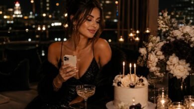 Luxury fashion magazine style birthday post cover with glamorous woman checking phone, cake, candles, flowers, city lights, and rooftop party mood