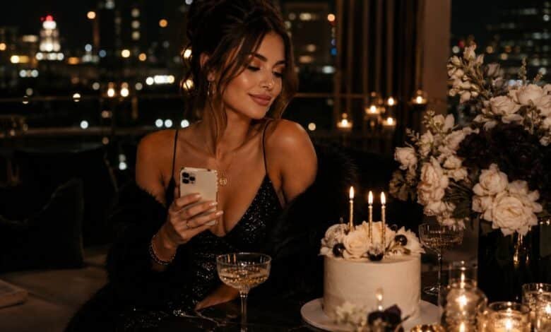 Luxury fashion magazine style birthday post cover with glamorous woman checking phone, cake, candles, flowers, city lights, and rooftop party mood