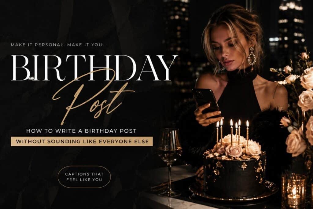 How to Write a Birthday Post Without Sounding Like Everyone Else 2 Luxury fashion magazine birthday post banner with stylish woman checking phone, centered editorial text, black cake, candles, roses, and city lights