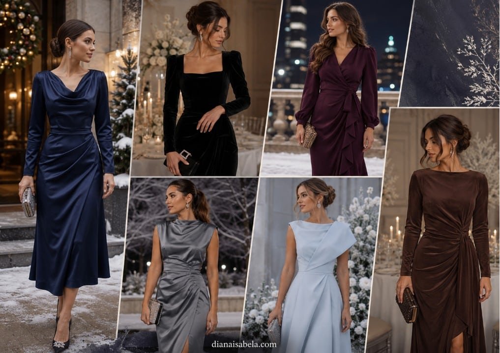 January Wedding Guest Dresses: Chic Winter Outfits for Cold-Weather Weddings 2 January wedding guest dresses collage with navy, black velvet, plum, silver, ice blue, and chocolate winter guest looks