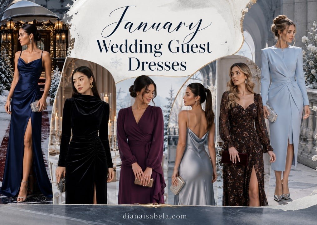January Wedding Guest Dresses: Chic Winter Outfits for Cold-Weather Weddings 3 January wedding guest dresses collage with navy satin, black velvet, plum wrap, silver satin, dark floral, and ice blue winter guest looks