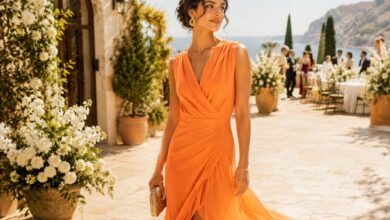 July wedding guest dress in bright orange at a hot Mediterranean summer wedding villa