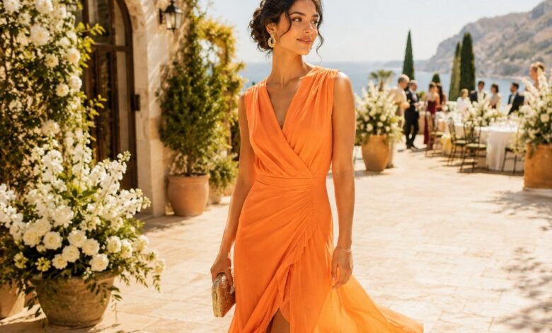 July wedding guest dress in bright orange at a hot Mediterranean summer wedding villa