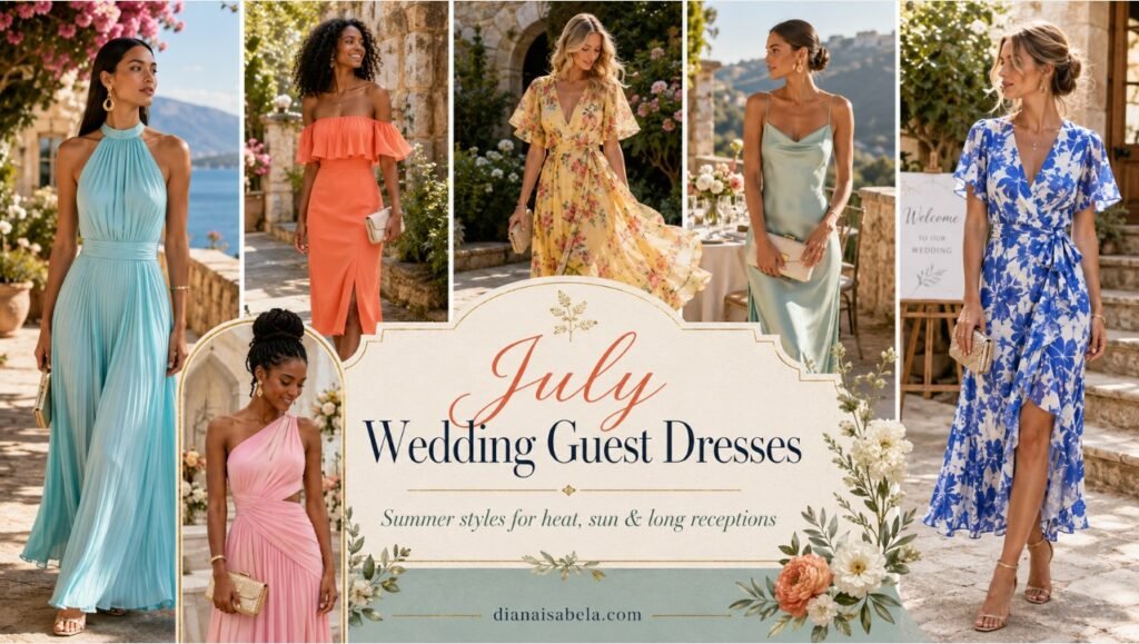 July Wedding Guest Dresses: Chic Summer Looks for Heat, Sun, and Long Receptions 2 July wedding guest dresses collage banner with different women in aqua, coral, yellow floral, mint, pink, and blue summer dresses