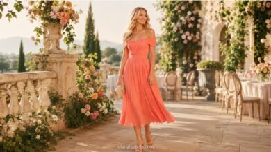 June Wedding Guest Dresses: Fresh Summer Looks Before the Heat Gets Dramatic 5 Blonde woman in a coral June wedding guest dress at a romantic summer garden reception