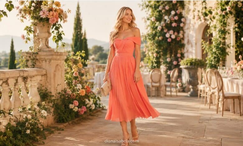 Blonde woman in a coral June wedding guest dress at a romantic summer garden reception