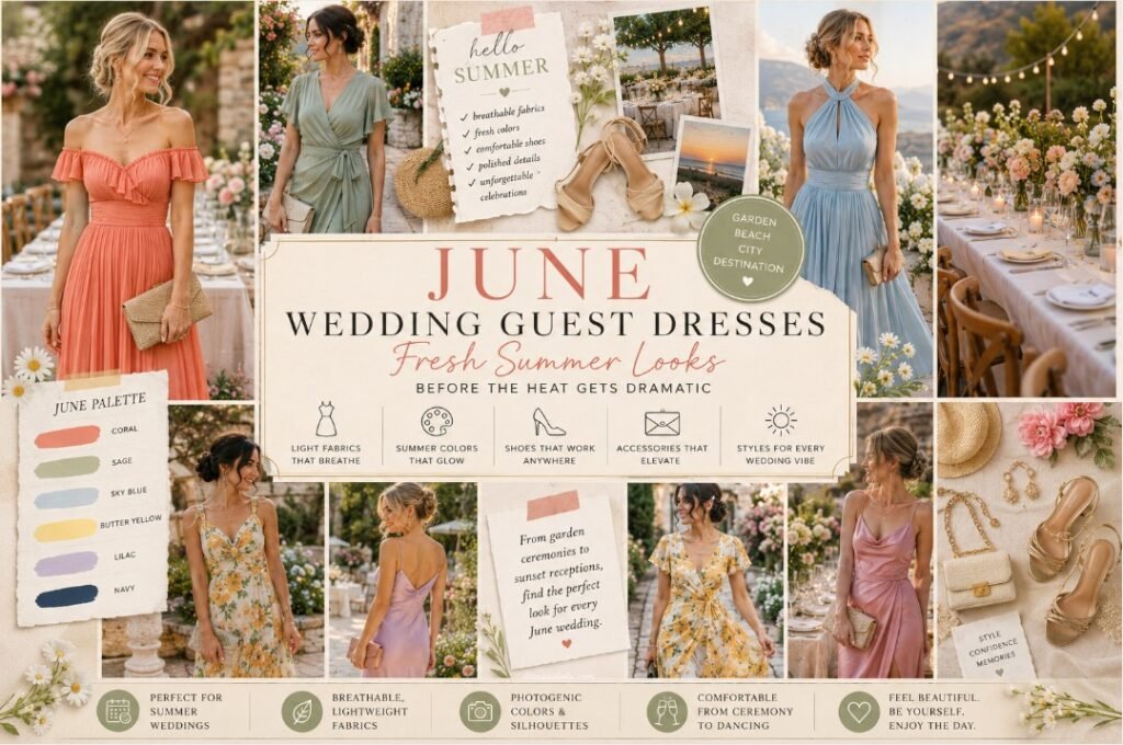 June Wedding Guest Dresses: Fresh Summer Looks Before the Heat Gets Dramatic 3 June wedding guest dresses collage banner with different women in coral, sage, blue, floral, lilac, and blush summer wedding looks