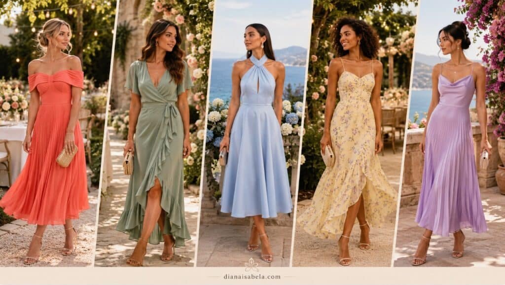 June Wedding Guest Dresses: Fresh Summer Looks Before the Heat Gets Dramatic 2 June wedding guest dresses collage banner with different women in coral, sage, blue, yellow floral, and lilac summer dresses