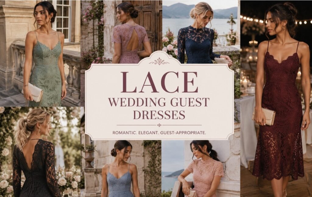Lace Wedding Guest Dresses: How to Wear Lace Without Looking Like the Bride 2 Lace wedding guest dresses styled in sage, navy, burgundy, black, blush, and soft blue for romantic celebrations