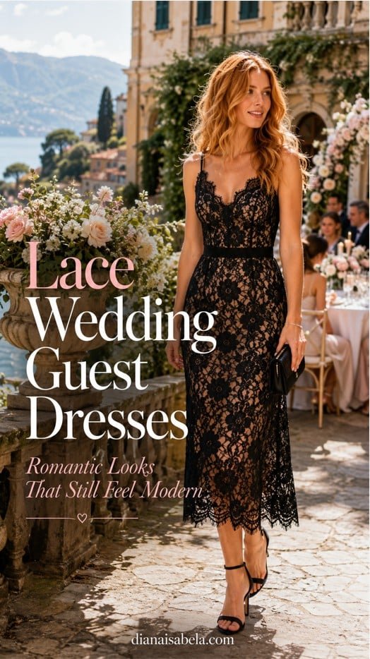 Lace Wedding Guest Dresses: How to Wear Lace Without Looking Like the Bride 3 Black lace wedding guest dress styled with refined accessories for a romantic lakeside wedding celebration
