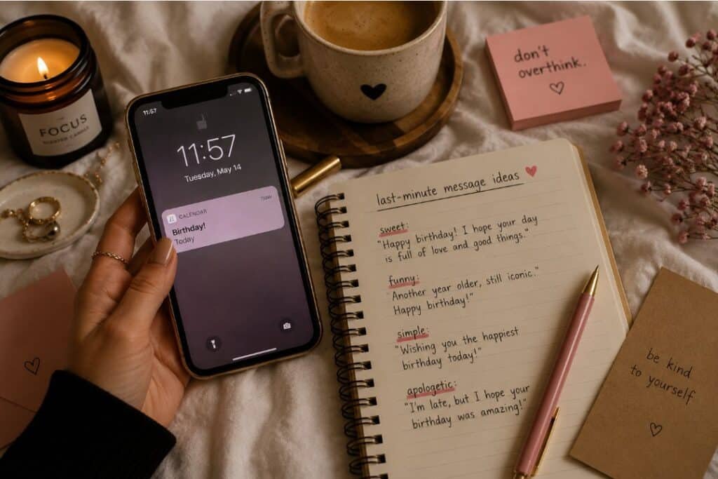 A cozy flat lay with a phone birthday reminder, handwritten last-minute birthday message ideas, coffee, candle, flowers, and a pink pen.