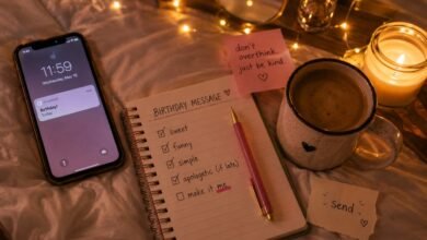 A cozy late-night birthday message scene with a phone reminder, notebook, candle, coffee, fairy lights, and handwritten message notes.