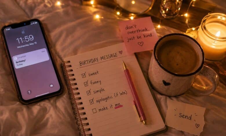 A cozy late-night birthday message scene with a phone reminder, notebook, candle, coffee, fairy lights, and handwritten message notes.