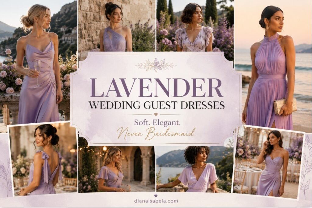 Lavender wedding guest dresses styled for romantic garden, coastal, and summer wedding celebrations