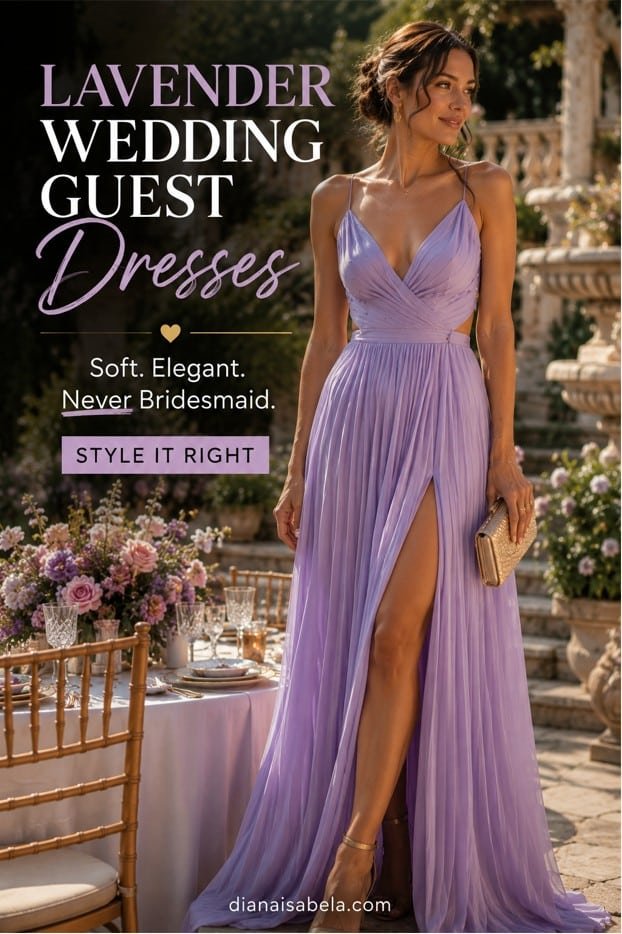 Lavender wedding guest dresses styled with soft elegance for romantic garden and summer wedding looks