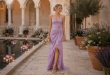 Lilac wedding guest dress styled for an elegant Mediterranean courtyard wedding