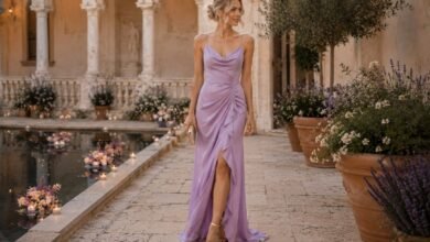 Lilac wedding guest dress styled for an elegant Mediterranean courtyard wedding