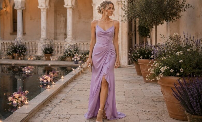 Lilac wedding guest dress styled for an elegant Mediterranean courtyard wedding