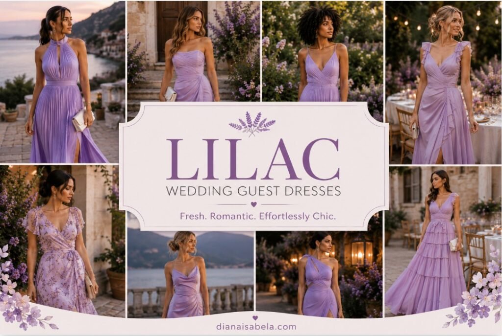 Lilac wedding guest dresses styled for fresh garden, coastal, cocktail, and summer wedding looks