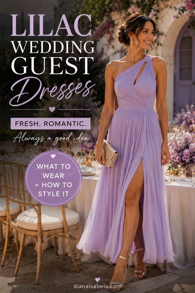Lilac wedding guest dresses styled with fresh elegance for garden, coastal, and summer wedding looks