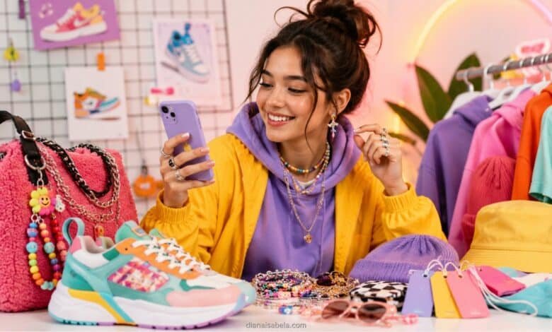 Bright teen fashion drop scene with colorful sneakers, pastel streetwear, phone, accessories, shopping tags, fuzzy bag, jewelry, and limited edition style mood