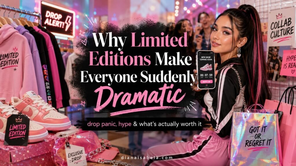 Why Limited Editions Make Everyone Suddenly Dramatic 2 Bright limited edition fashion banner with teen streetwear, pink sneakers, drop alert, countdown phone, collab culture notes, shopping bags, and bold central text