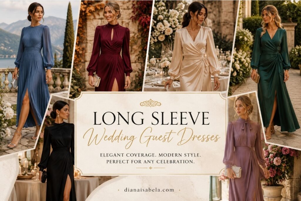 Long sleeve wedding guest dresses styled in blue, burgundy, cream, emerald, black, and mauve for elegant celebrations