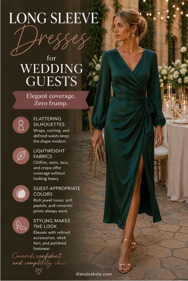 Long sleeve wedding guest dress styled in emerald with gold accessories for an elegant courtyard celebration