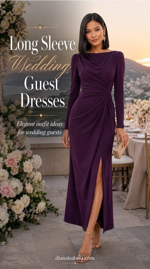 Plum long sleeve wedding guest dress styled with refined accessories for an elegant sunset celebration