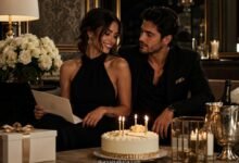 Luxury fashion magazine style birthday cover with elegant couple reading a birthday card beside cake, candles, gifts, and flowers