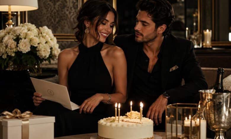 Luxury fashion magazine style birthday cover with elegant couple reading a birthday card beside cake, candles, gifts, and flowers