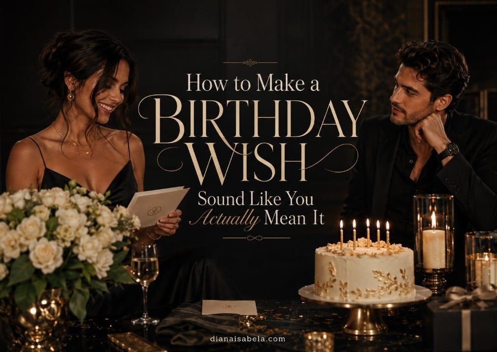 How to Make a Birthday Wish Sound Like You Actually Mean It 2 Luxury fashion magazine birthday wish banner with elegant couple, centered title text, cake, candles, flowers, and gold accents