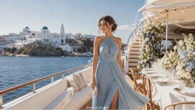 March wedding guest dress on a luxury yacht in Greece with a pale blue halter dress and seaside wedding reception