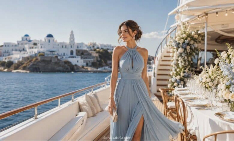 March wedding guest dress on a luxury yacht in Greece with a pale blue halter dress and seaside wedding reception