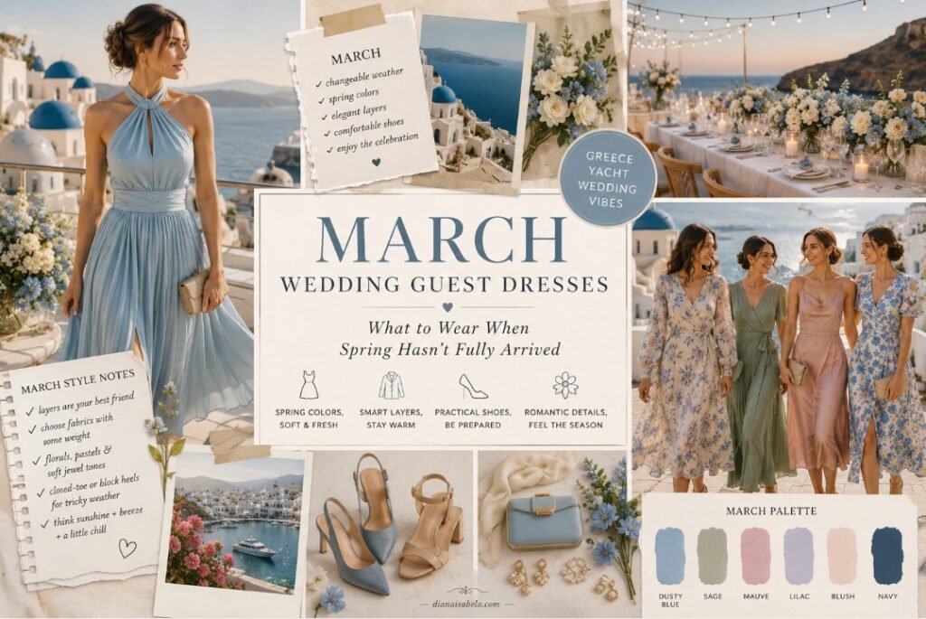 March wedding guest dresses collage banner with Greece yacht wedding vibes, pastel dresses, shoes, accessories, and spring palette