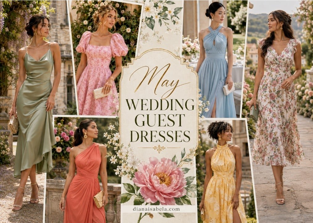 May Wedding Guest Dresses: Elegant Late-Spring Outfits for Garden, Church, and Outdoor Weddings 2 May wedding guest dresses collage with sage satin, pink puff sleeve, blue halter, floral midi, coral, and yellow spring guest looks