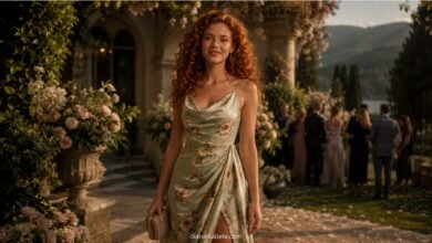 May wedding guest dress on a red curly-haired woman at an elegant garden wedding