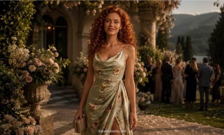 May wedding guest dress on a red curly-haired woman at an elegant garden wedding